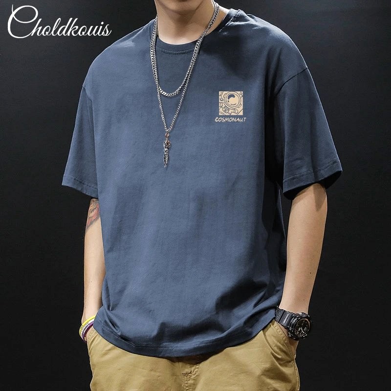 Foreign Trade blue T-shirt in casual streetwear style review: a $5.97 200g cotton crewneck tested in three size runs